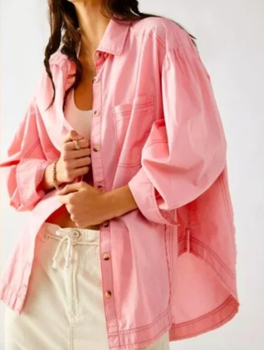 We The Free Oversized Strawberry Cream Button-Up Shirt